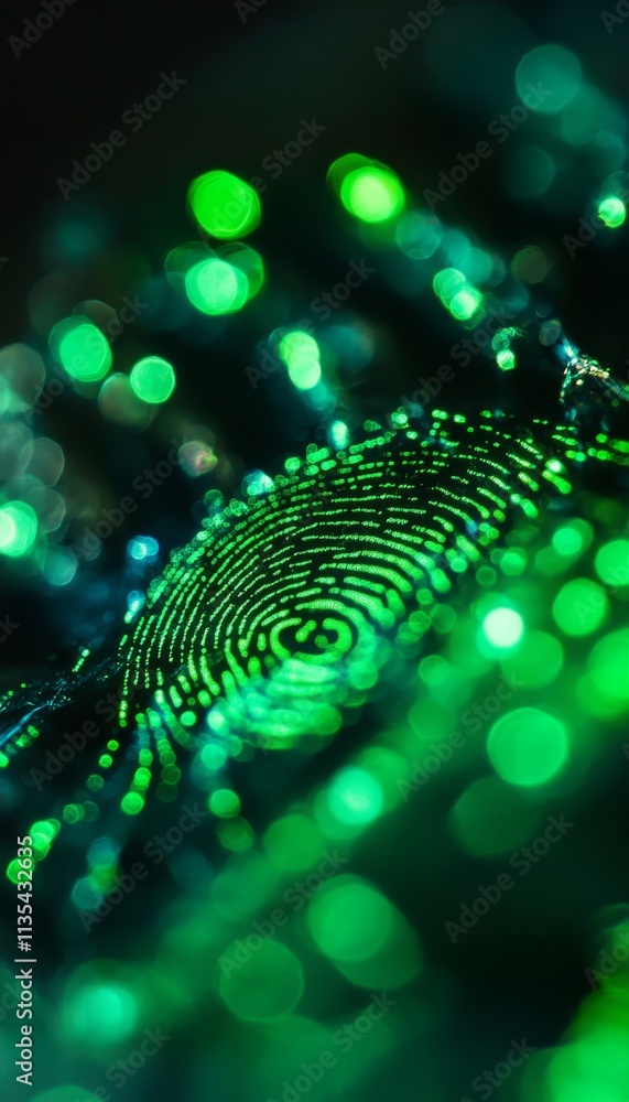 Poster close up view of a fingerprint scan illuminated in green against a dark background