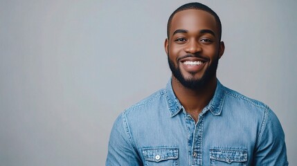 Obraz premium Young Smiling Man in Denim Shirt Standing Confidently Against Wall