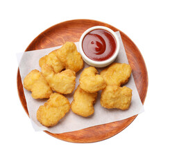 Delicious chicken nuggets and ketchup isolated on white, top view