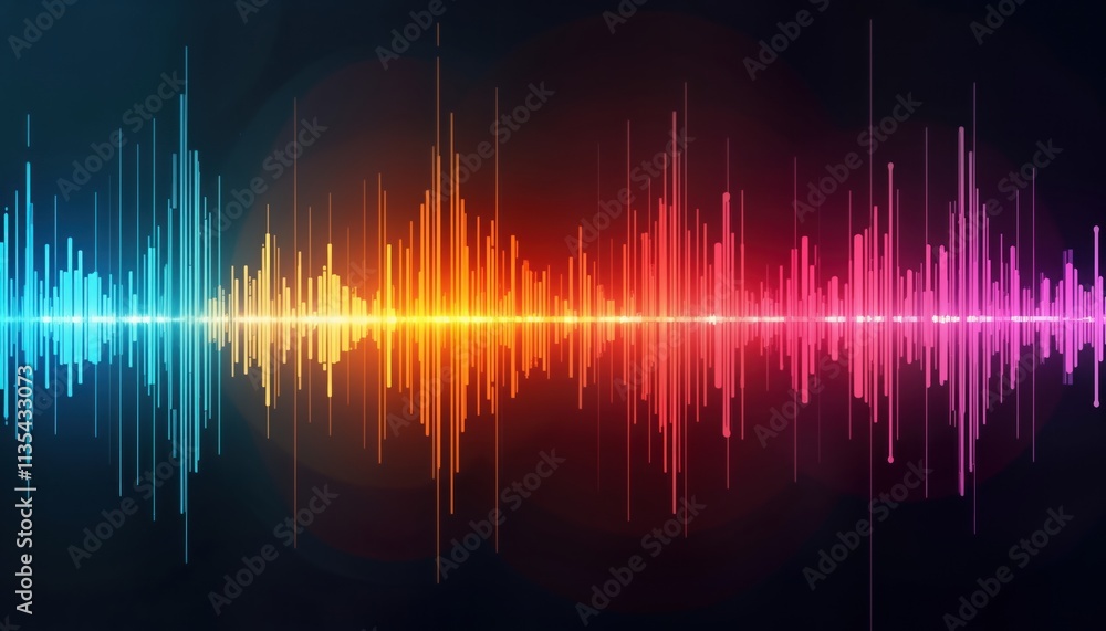 Poster Vibrant colorful sound waves flowing with dynamic frequencies create powerful visual effect. Modern tech design concept perfect for audio visualizations music designs. Dynamic, fluid pattern suggests