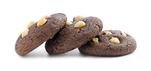 Tasty chocolate cookies with hazelnuts isolated on white