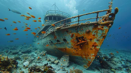 Fototapete Rund An underwater view of a sunken ship surrounded by colorful fish and coral. © M_H_L