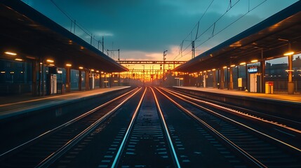 Train tracks at a station at sunset. Concept of travel, journey, and transportation.