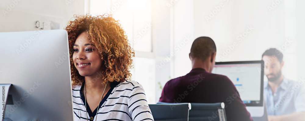 Poster smile, business and woman with computer in office for reading article, editing process and journalis