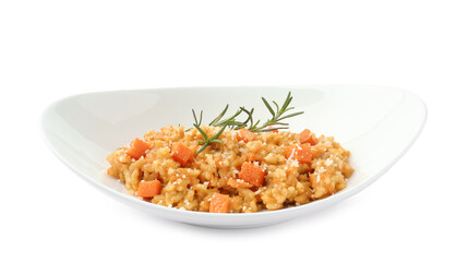 Delicious pumpkin risotto in bowl isolated on white