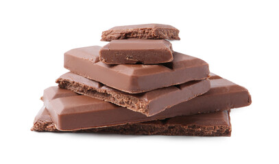 Pieces of delicious milk chocolate isolated on white