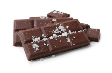 Pieces of chocolate with salt isolated on white