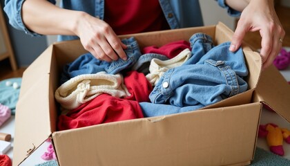  A parent sorting through children's clothes and placing them in a box for donation