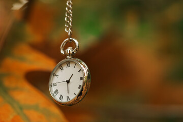 Autumn time. Chain watch on blurred background, closeup with space for text