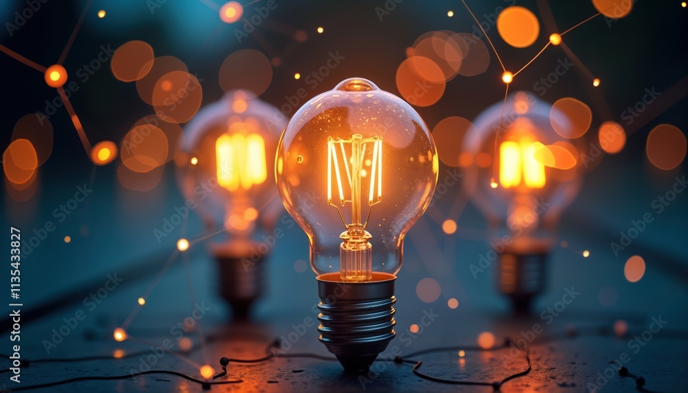 Poster glowing light bulbs illustrate new ideas, innovation. abstract network pattern, bokeh lights symboli