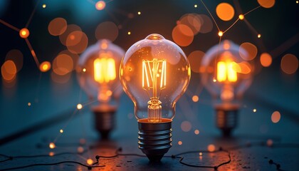 Glowing light bulbs illustrate new ideas, innovation. Abstract network pattern, bokeh lights symbolize connections, inspiration. Modern design concept suitable for business, tech themes. Future
