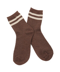 Pair of soft socks isolated on white, top view