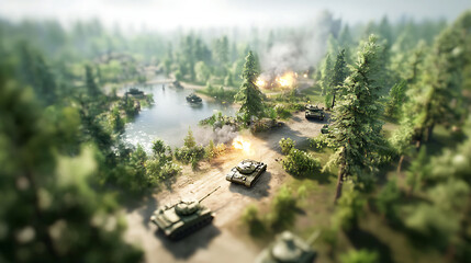 wide angle shot of battlefield simulation featuring tanks, explosions, and forested landscape. scene captures intense military action