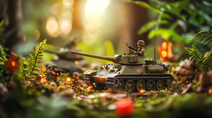 detailed scene of battlefield simulation featuring tank and soldiers in lush forest. atmosphere is vibrant and dynamic