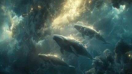 Fototapeta premium Ethereal underwater scene depicting whales swimming through a cosmic-like environment.