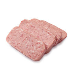 Pieces of canned meat isolated on white