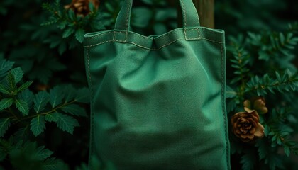 Natures Embrace A Vibrant Green Tote Amidst Lush Foliage and Earthy Blooms, Capturing the Harmony of Color and Texture.