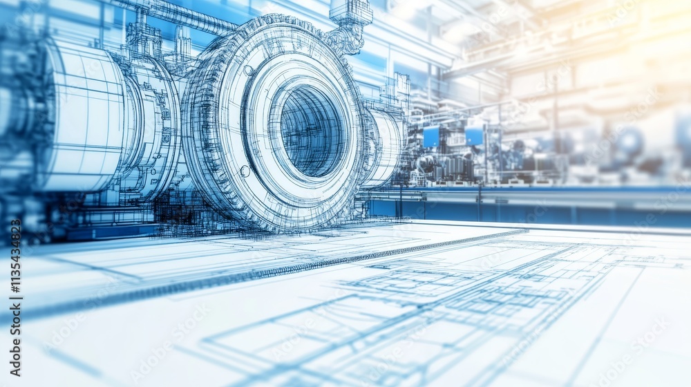 Poster intricate blueprint of an industrial engine highlighting complex engineering and advanced technology