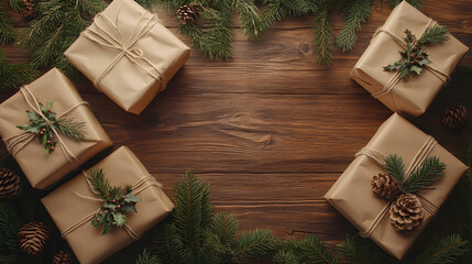 Eco-friendly Christmas gifts wrapped in kraft paper displayed on a wooden table, promoting a sustainable holiday theme.