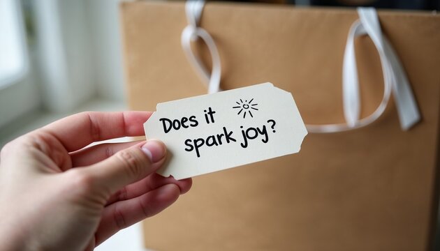 Person holding a "Does it spark joy?" tag while deciding what to keep, emphasizing mindful decluttering