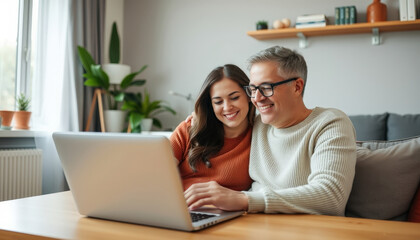 Digital Connection A Cozy Encounter - In a warm living room adorned with plants, two friends share smiles and ideas as they explore the digital world together on a laptop.