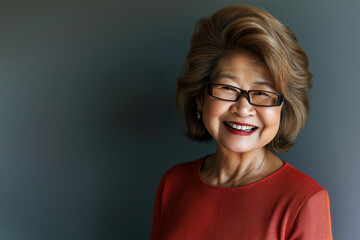 Fototapeta premium Mature older Asian professional woman, studio shot against gray background