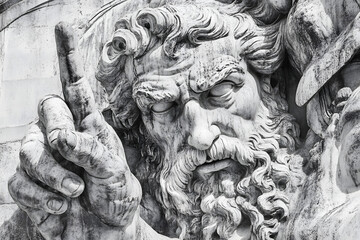 Surrealist Stone Sculpture of a Powerful Deity Pointing with Intensity in Monochrome