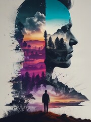 Surreal Double Exposure Art of a Man's Silhouette with Scenic Landscapes and Nature Elements