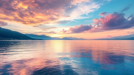 Serene Sunset over a Calm Lake.  Majestic Landscape, Tranquil Nature.