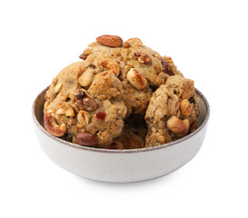 Tasty cookies with nuts in bowl isolated on white