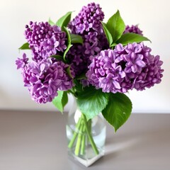 Whispers of Spring A tranquil bouquet of purple lilacs dances gracefully in a crystal-clear vase, reflecting natures beauty and fresh beginnings.