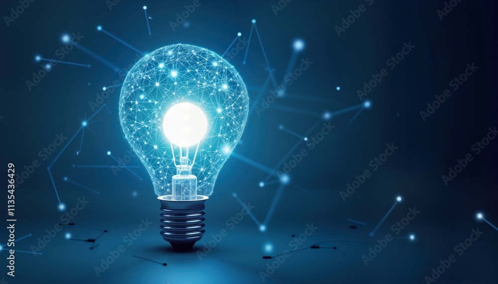 Poster Futuristic lightbulb design with glowing network of connections. Abstract tech illustration evokes innovative ideas, future tech. AI-generated concept image. Modern art. Creative graphic.