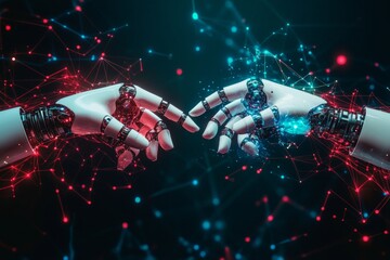 Symbolic interaction between humans and ai technology as two robotic hands reach out together