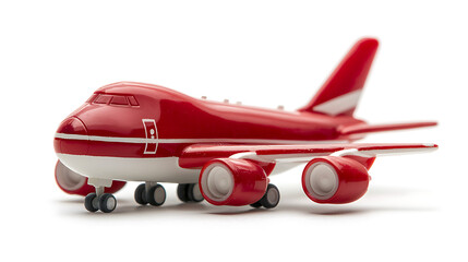 Fototapeta premium toy transport plane model in red and white colors, showcasing detailed design and wheels. Perfect for collectors and children alike