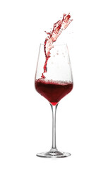 Tasty wine splashing in glass on white background