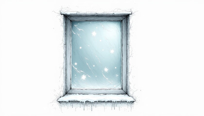 Hand-drawn window depicting an overcast sky with snowflakes in a cozy winter atmosphere