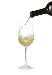 Pouring wine into glass on white background