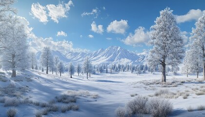 Obraz premium Serene winter wonderland majestic mountains, icy trees, and a vast snow covered landscape
