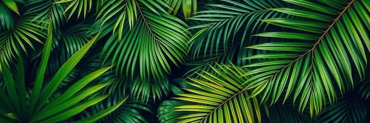 Close up of a vibrant green palm leaf texture in a tropical jungle setting, natural, foliage