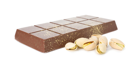 Dubai chocolate bar with pistachios and knafeh isolated on white