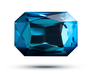 One blue shiny gemstone in air on white background