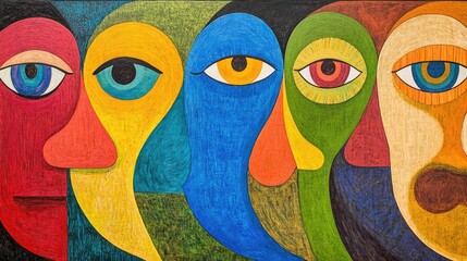 Fototapeta premium Colorful abstract representation of diverse faces in artistic mural form