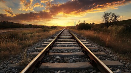 Sunset over railroad tracks. Concept of journey, adventure, and freedom.