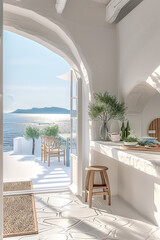 Obraz premium Modern Minimalist Chic Greek Luxury Kitchen with Sea Access in White, Boho Chic, and Mediterranean Style