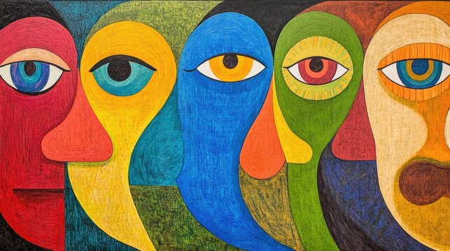 Colorful abstract representation of diverse faces in artistic mural form