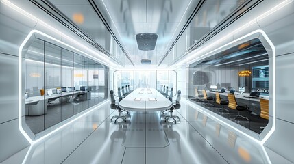 Obraz premium Futuristic Modern Office Conference Room with City View and Integrated Workstations