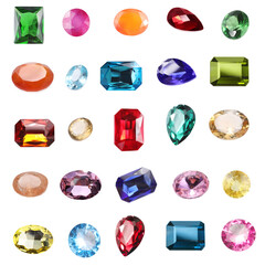 Many different shiny gemstones on white background, set