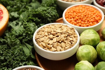 Superfood. Different healthy food products on table, closeup