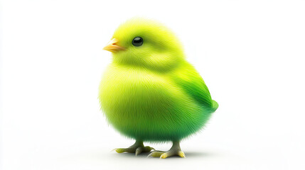 A vibrant cut-out illustration of a lime-green chick with a subtle gradient across its body, standing upright with a curious pose against a pristine white background. Hyper-realistic feather details, 