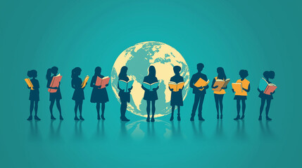 Silhouette of international students reading books against a global theme backdrop in a colorful vector style